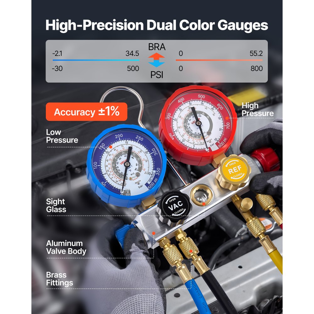 VEVOR AC Manifold Gauge Set for R22 R404A R410A R12 Refrigerants, 4 Way AC Gauges with 1.5 m Hoses for Automotive & Household Air Conditioning Maintenance, Evacuation Vacuuming Charging and Recovery