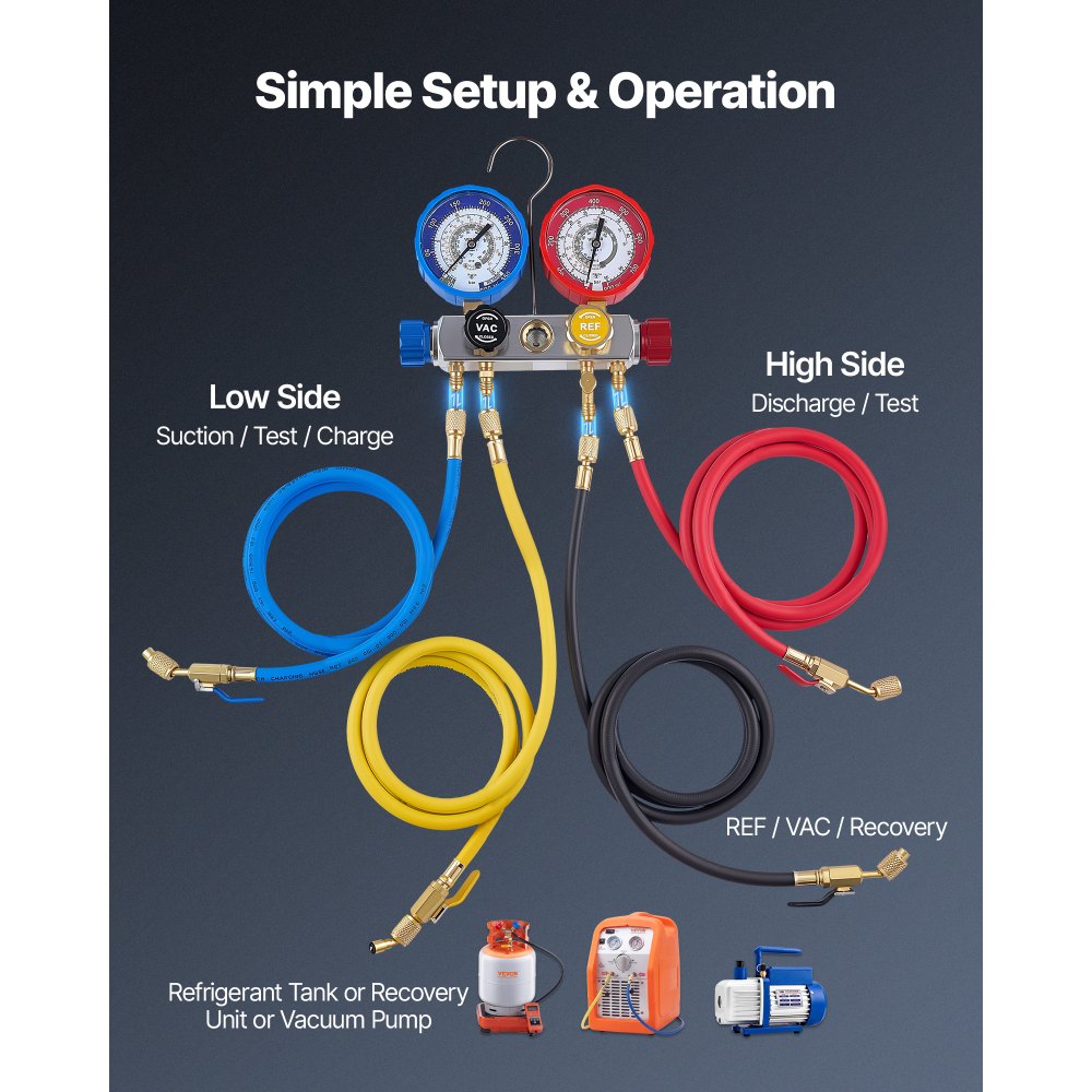 VEVOR AC Manifold Gauge Set for R22 R404A R410A R12 Refrigerants, 4 Way AC Gauges with 1.5 m Hoses for Automotive & Household Air Conditioning Maintenance, Evacuation Vacuuming Charging and Recovery