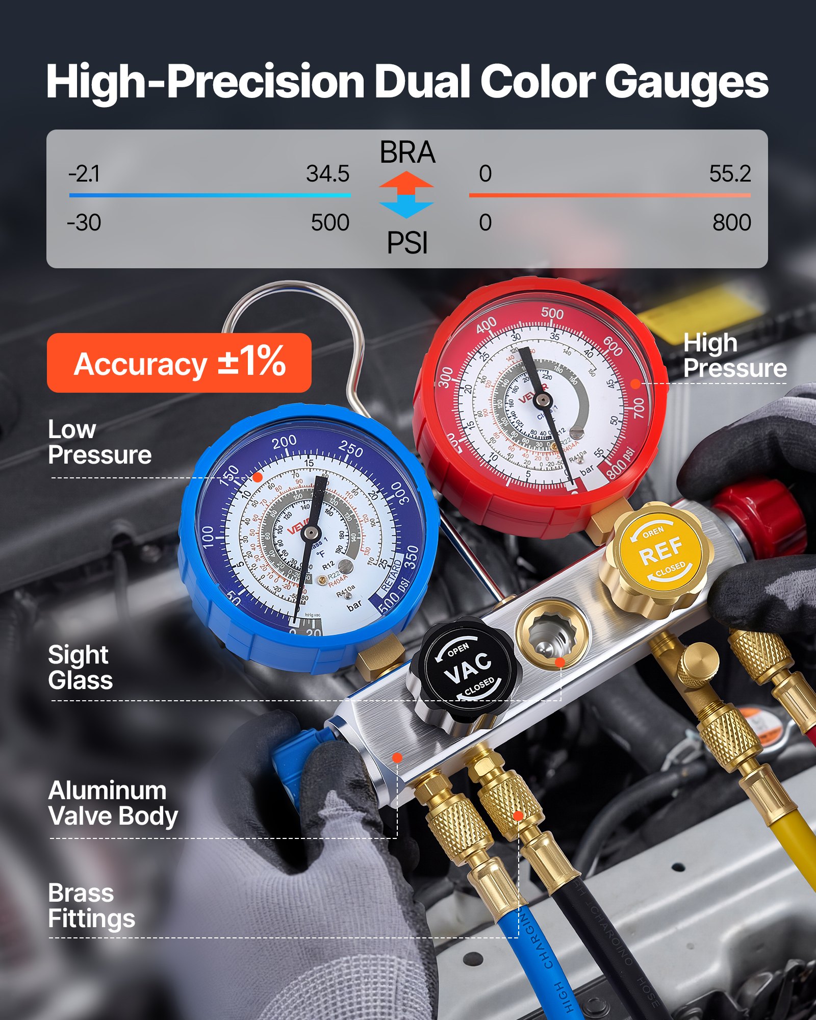 VEVOR AC Manifold Gauge Set for R22 R404A R410A R12 Refrigerants, 4 Way AC Gauges with 1.5 m Hoses for Automotive & Household Air Conditioning Maintenance, Evacuation Vacuuming Charging and Recovery