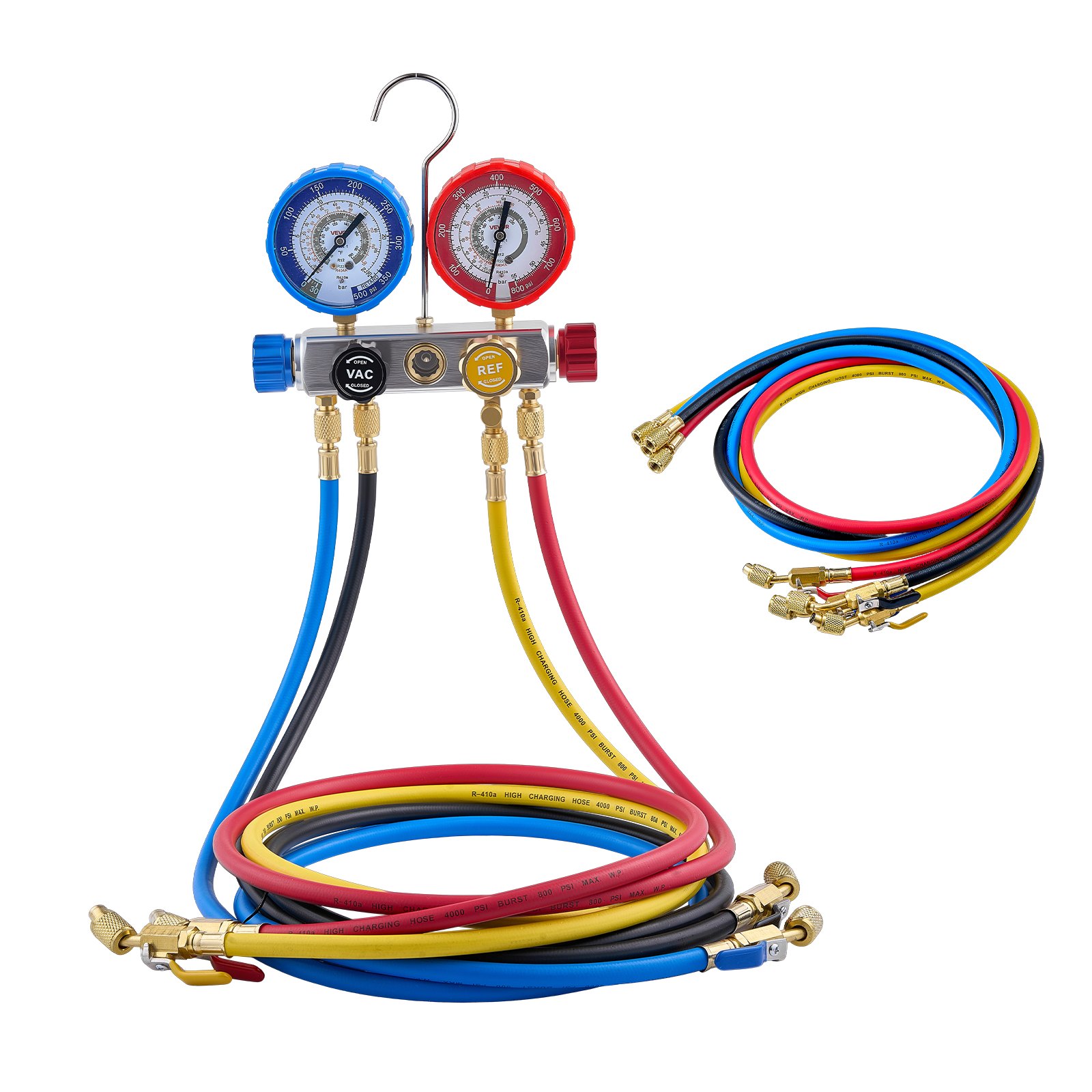 VEVOR AC Manifold Gauge Set for R22 R404A R410A R12 Refrigerants, 4 Way AC Gauges with 1.5 m Hoses for Automotive & Household Air Conditioning Maintenance, Evacuation Vacuuming Charging and Recovery