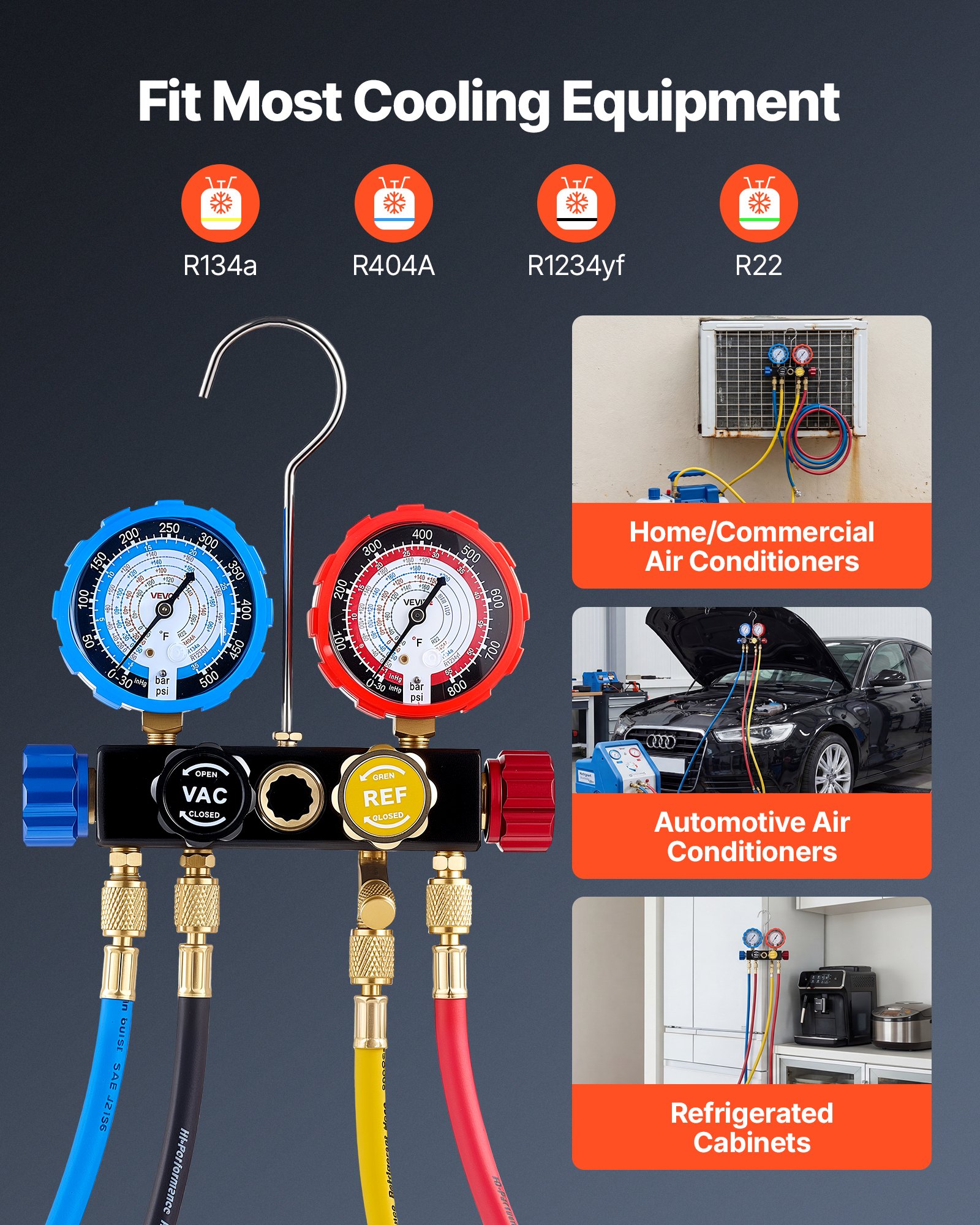 VEVOR AC Manifold Gauge Set for R134a R404A R1234yf R22 Refrigerant, 4 Way AC Gauge with 1.5m Hoses, Adapters, Quick Couplers, Can Taps for Automotive Air Conditioning Maintenance, Charging Evacuation