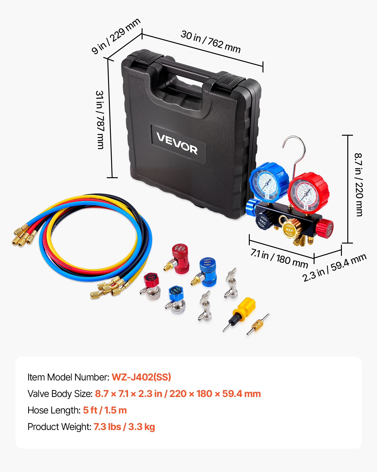 VEVOR AC Manifold Gauge Set for R134a R404A R1234yf R22 Refrigerant, 4 Way AC Gauge with 1.5m Hoses, Adapters, Quick Couplers, Can Taps for Automotive Air Conditioning Maintenance, Charging Evacuation