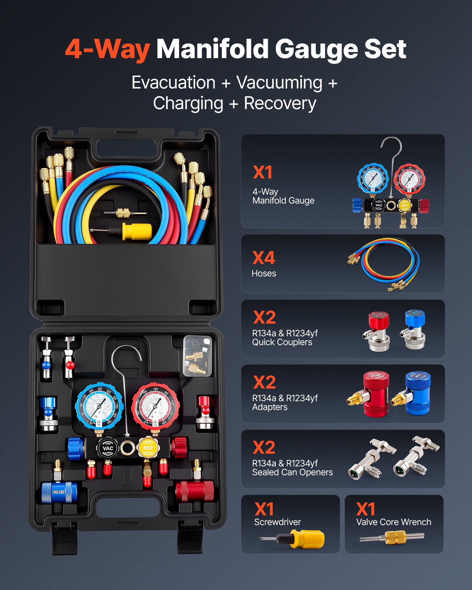 VEVOR AC Manifold Gauge Set for R134a R404A R1234yf R22 Refrigerant, 4 Way AC Gauge with 1.5m Hoses, Adapters, Quick Couplers, Can Taps for Automotive Air Conditioning Maintenance, Charging Evacuation