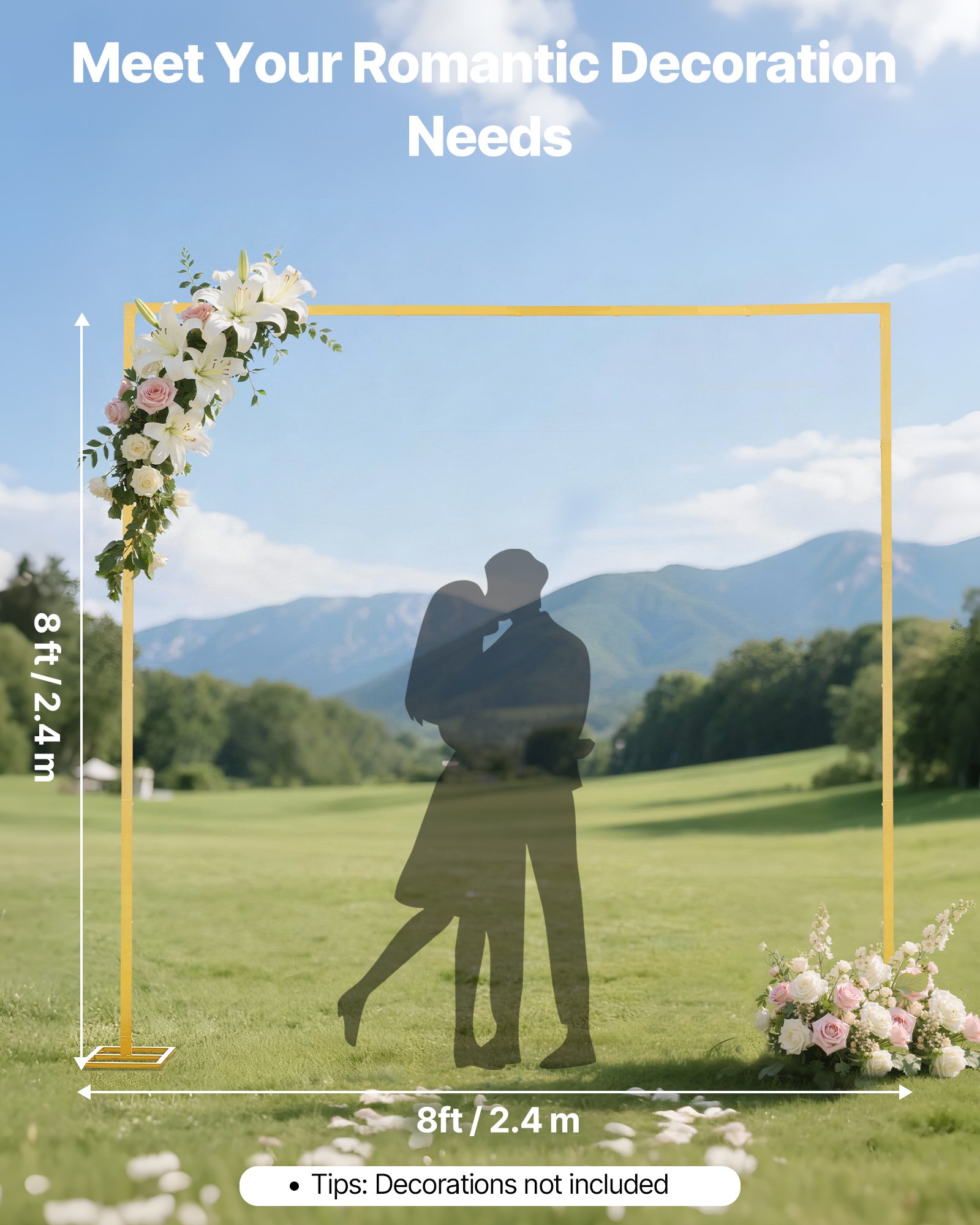 VEVOR Arch Backdrop Stand, 2.4 x 2.4 m, Stable Structure, Easy Assembly, Square Gold Metal Arch Backdrop Stand for Wedding, Birthday Party, Graduation, Holiday Celebration, and Ceremony Decoration