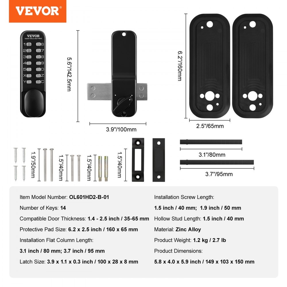 VEVOR Mechanical Keyless Entry Door Lock, 14 Digit Keypad, Water-proof Zinc Alloy, Outdoor Gate Door Locks Set with Surface-mounted Latch, Keypad and Knob, Easy to Install, for Garden, Garage, Yard