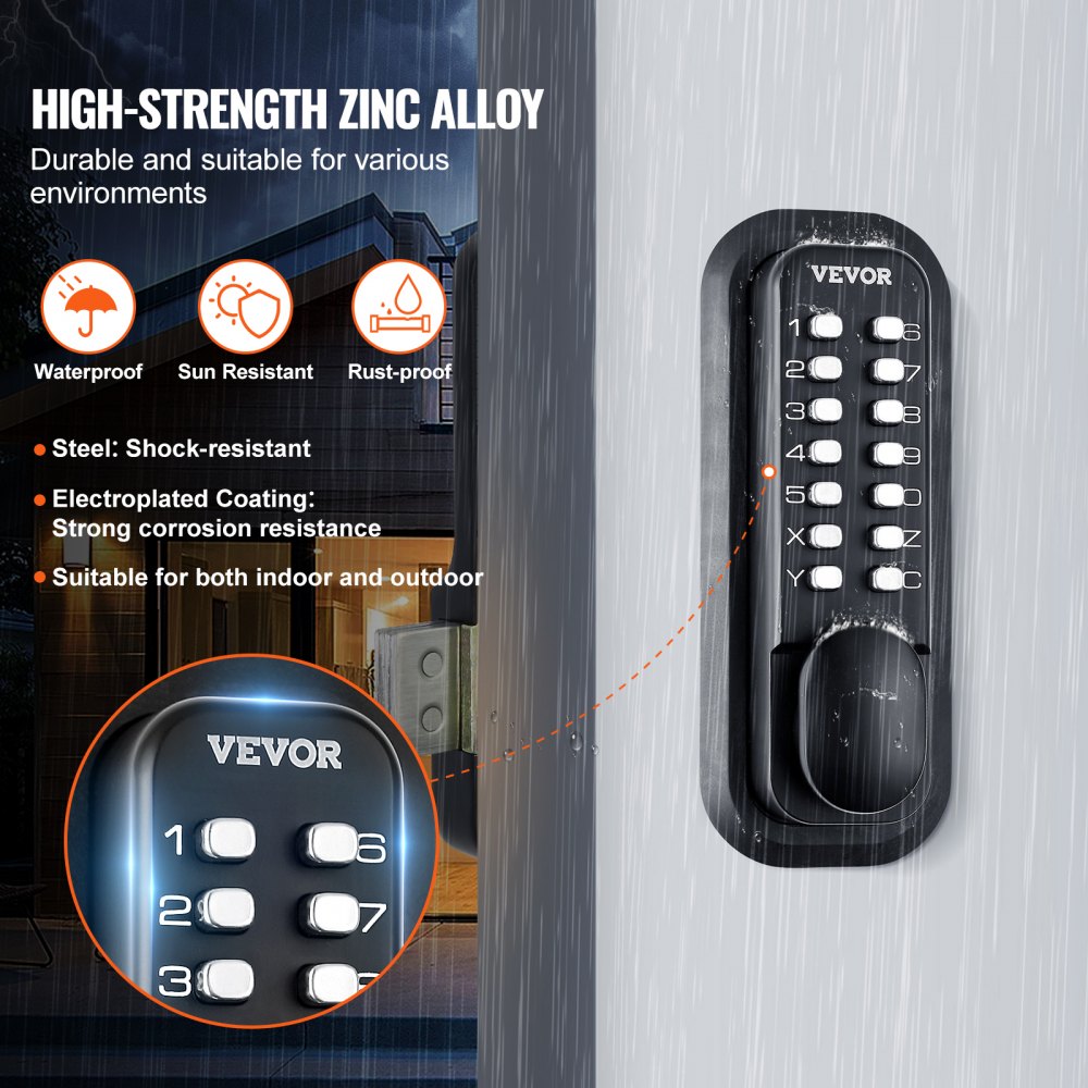 VEVOR Mechanical Keyless Entry Door Lock, 14 Digit Keypad, Water-proof Zinc Alloy, Outdoor Gate Door Locks Set with Surface-mounted Latch, Keypad and Knob, Easy to Install, for Garden, Garage, Yard