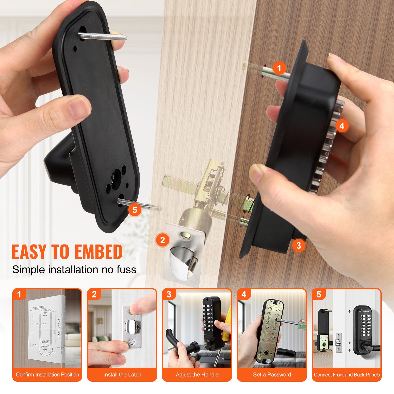 VEVOR Mechanical Keyless Entry Door Lock, 14 Digit Keypad, Embedded Outdoor Gate Door Locks Set with Keypad and Handle, Water-proof Zinc Alloy, Easy to Install, for Garden, Garage, Storage Shed, Yard