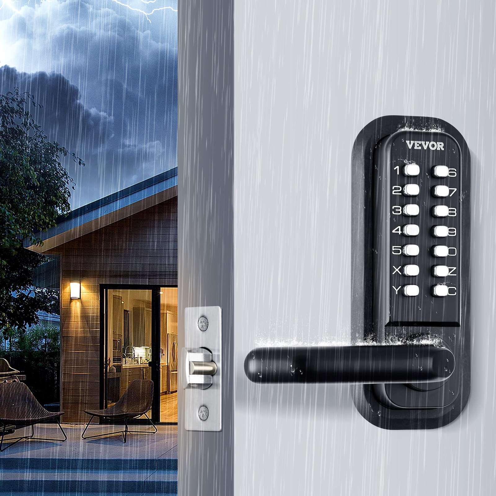 VEVOR keyless entry door lock in heavy rain with a modern house in the background illuminated at night.