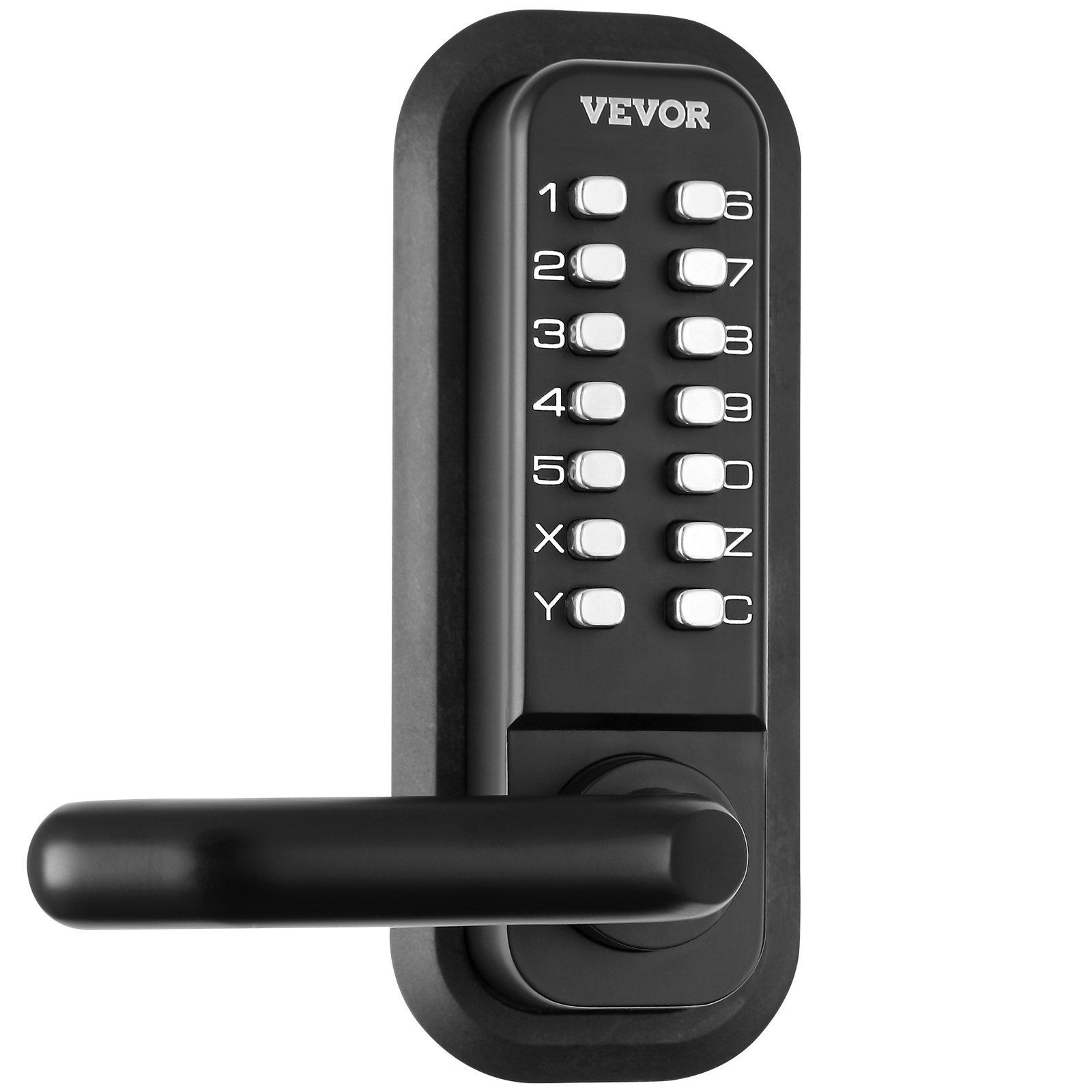 VEVOR keyless entry door lock with a sleek black finish, numerical and letter keypad, and modern handle.