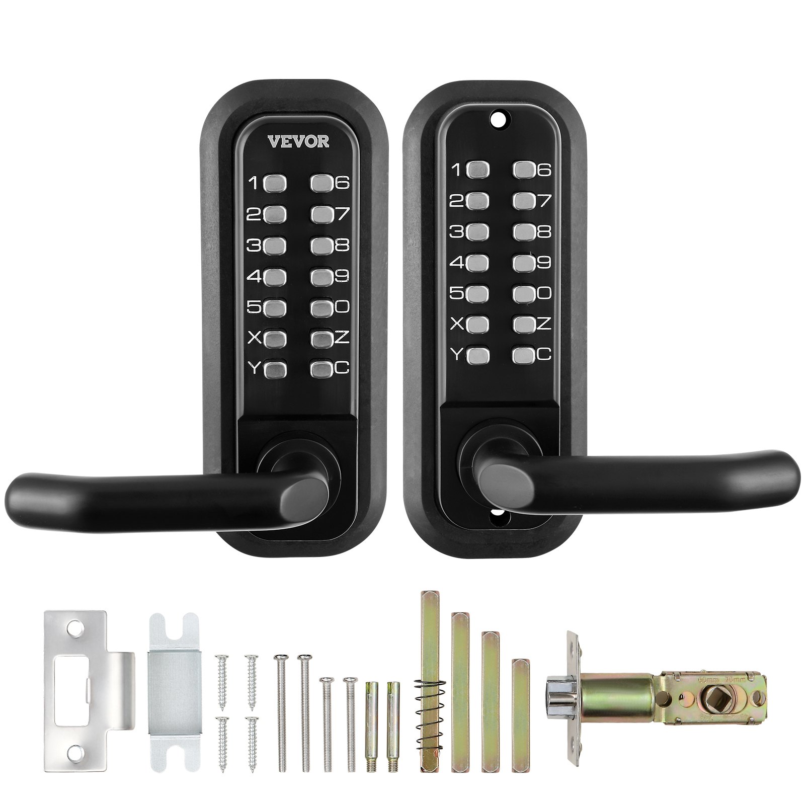 VEVOR keyless entry door lock with keypad, sleek black handles, and installation hardware set.