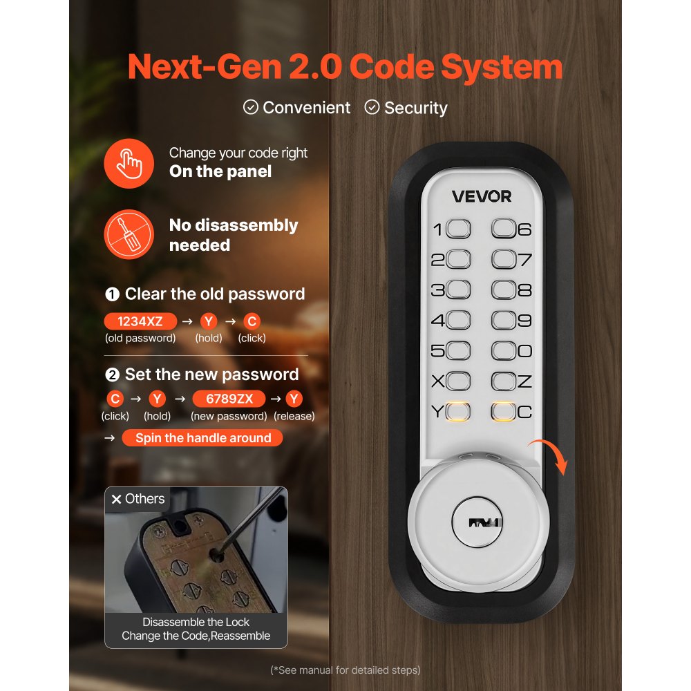 VEVOR Mechanical Keyless Entry Door Lock, 2.0 Code Upgrade, 4-7 Digits Code, Single-Sided Push Button Combination Mechanical Keypad Door Knob, Auto Locking, for Garden Gates, Indoor or Outdoor, Silver