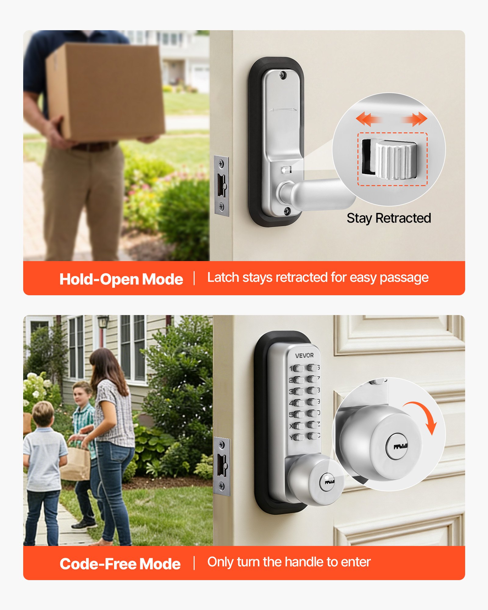 VEVOR Mechanical Keyless Entry Door Lock, 2.0 Code Upgrade, 4-7 Digits Code, Single-Sided Push Button Combination Mechanical Keypad Door Knob, Auto Locking, for Garden Gates, Indoor or Outdoor, Silver