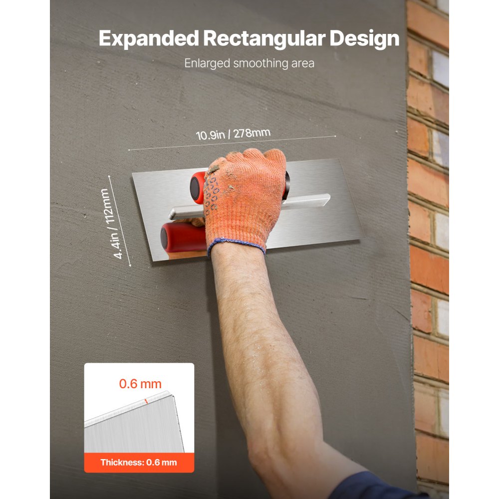 VEVOR Tile Tools, Stainless Steel Flat Finishing Trowel, 10.9 x 4.4 in Concrete Cement Drywall Plastering Tile Masonry Construction Hand Tools with Handle, for Apply, Spread, Flatten, Smooth, Polish