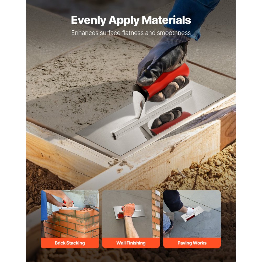 VEVOR Tile Tools, Stainless Steel Flat Finishing Trowel, 10.9 x 4.4 in Concrete Cement Drywall Plastering Tile Masonry Construction Hand Tools with Handle, for Apply, Spread, Flatten, Smooth, Polish