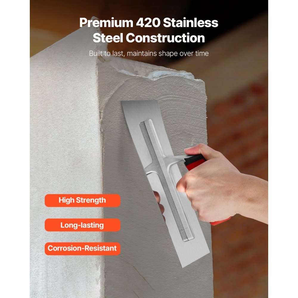 VEVOR Tile Tools, Stainless Steel Flat Finishing Trowel, 10.9 x 4.4 in Concrete Cement Drywall Plastering Tile Masonry Construction Hand Tools with Handle, for Apply, Spread, Flatten, Smooth, Polish