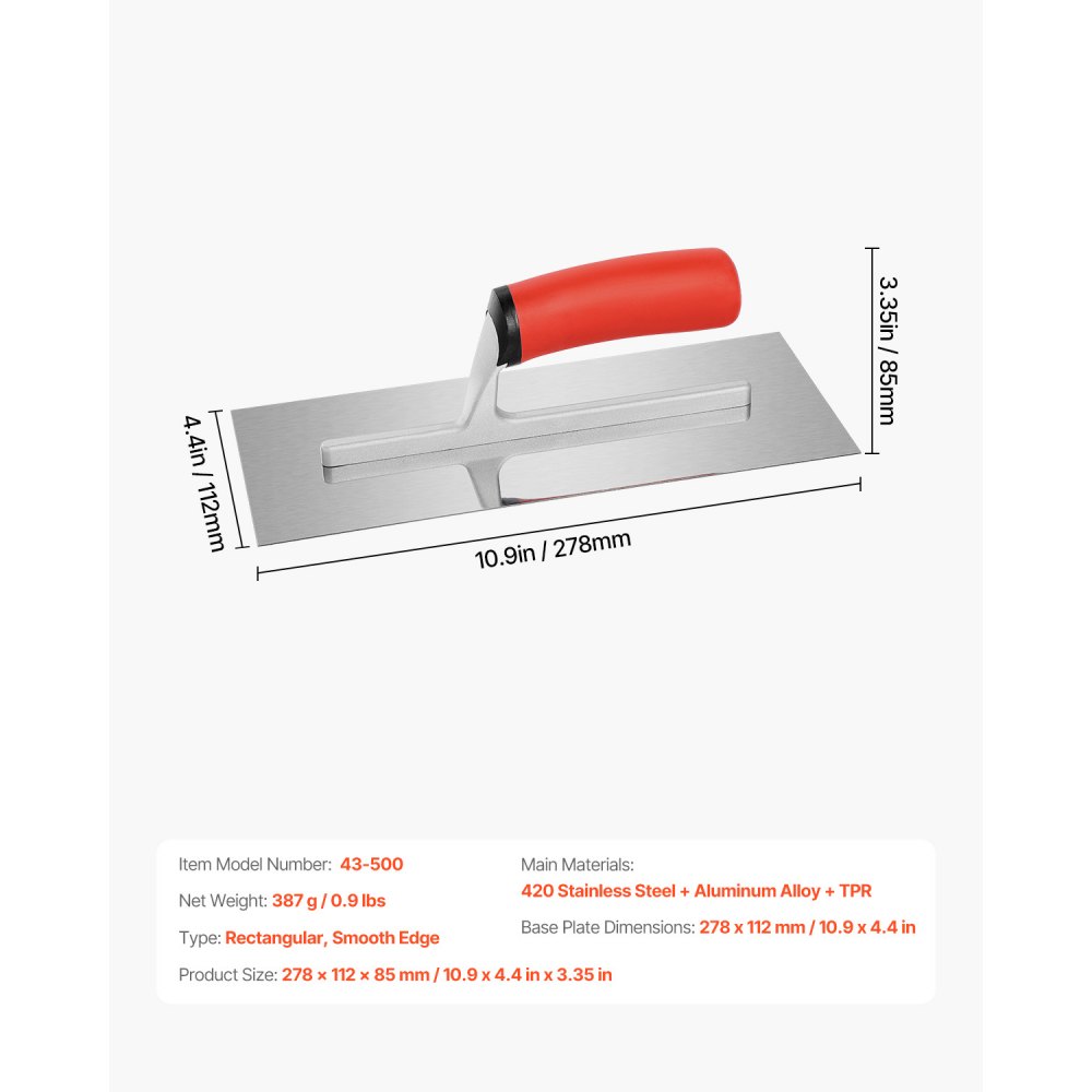 VEVOR Tile Tools, Stainless Steel Flat Finishing Trowel, 10.9 x 4.4 in Concrete Cement Drywall Plastering Tile Masonry Construction Hand Tools with Handle, for Apply, Spread, Flatten, Smooth, Polish