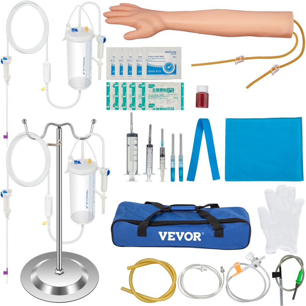 VEVOR Intravenous Practice Arm Kit 25 Pieces Phlebotomy Arm Made of PVC Material Practice Arm for Phlebotomy w/ Height Adjustable Infusion Stand IV Practice Arm Kit for Venipuncture Injection Practice