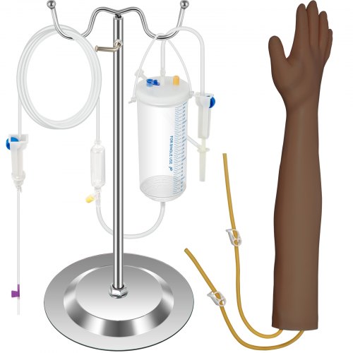 VEVOR Intravenous Practice Arm Kit with Dark Skin Phlebotomy Arm Made of PVC Material Practice Arm for Phlebotomy with Height Adjustable Infusion Stand IV Practice Arm Kit for Venipuncture Practice