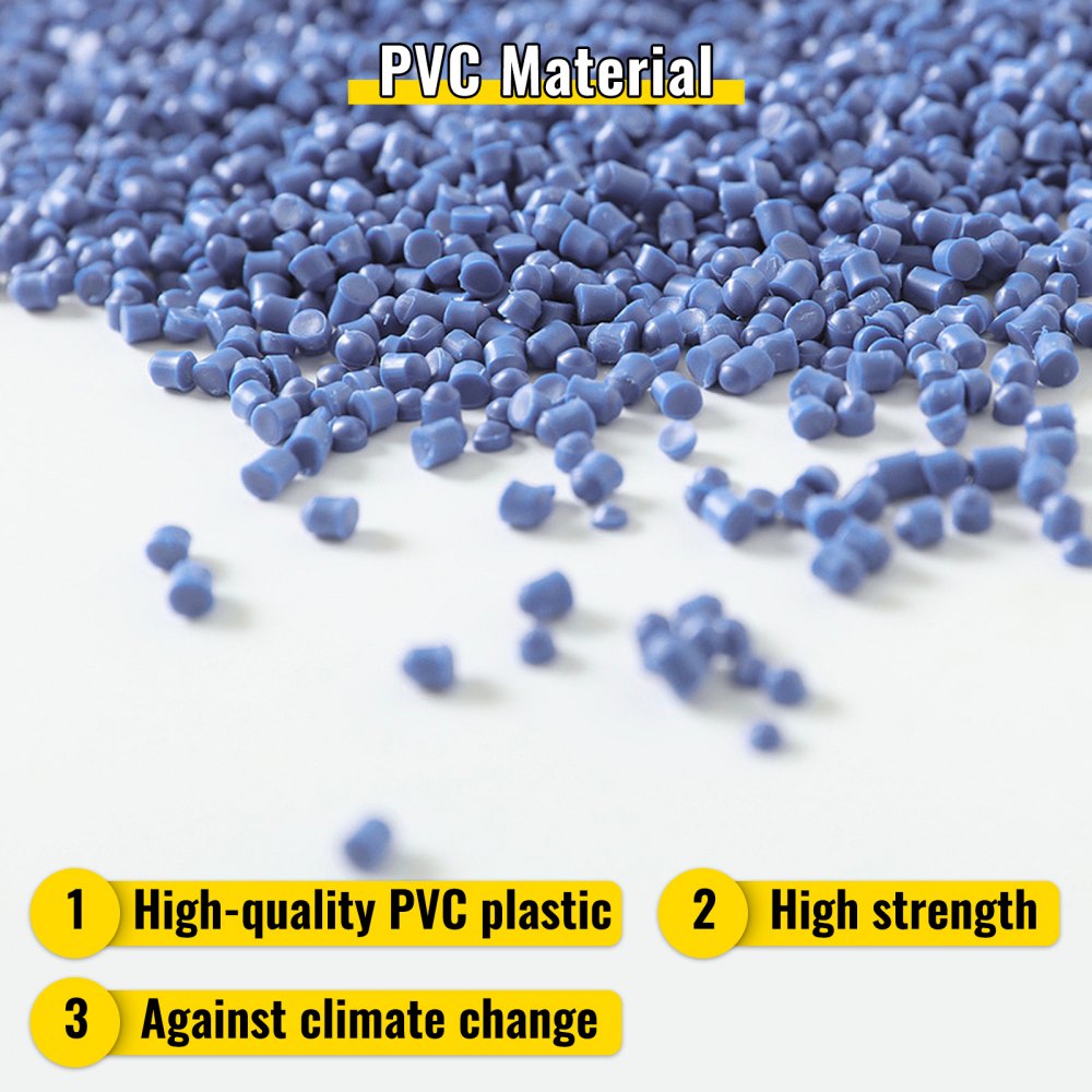 pvc material pellets with text: high-quality pvc plastic, high strength, against climate change.