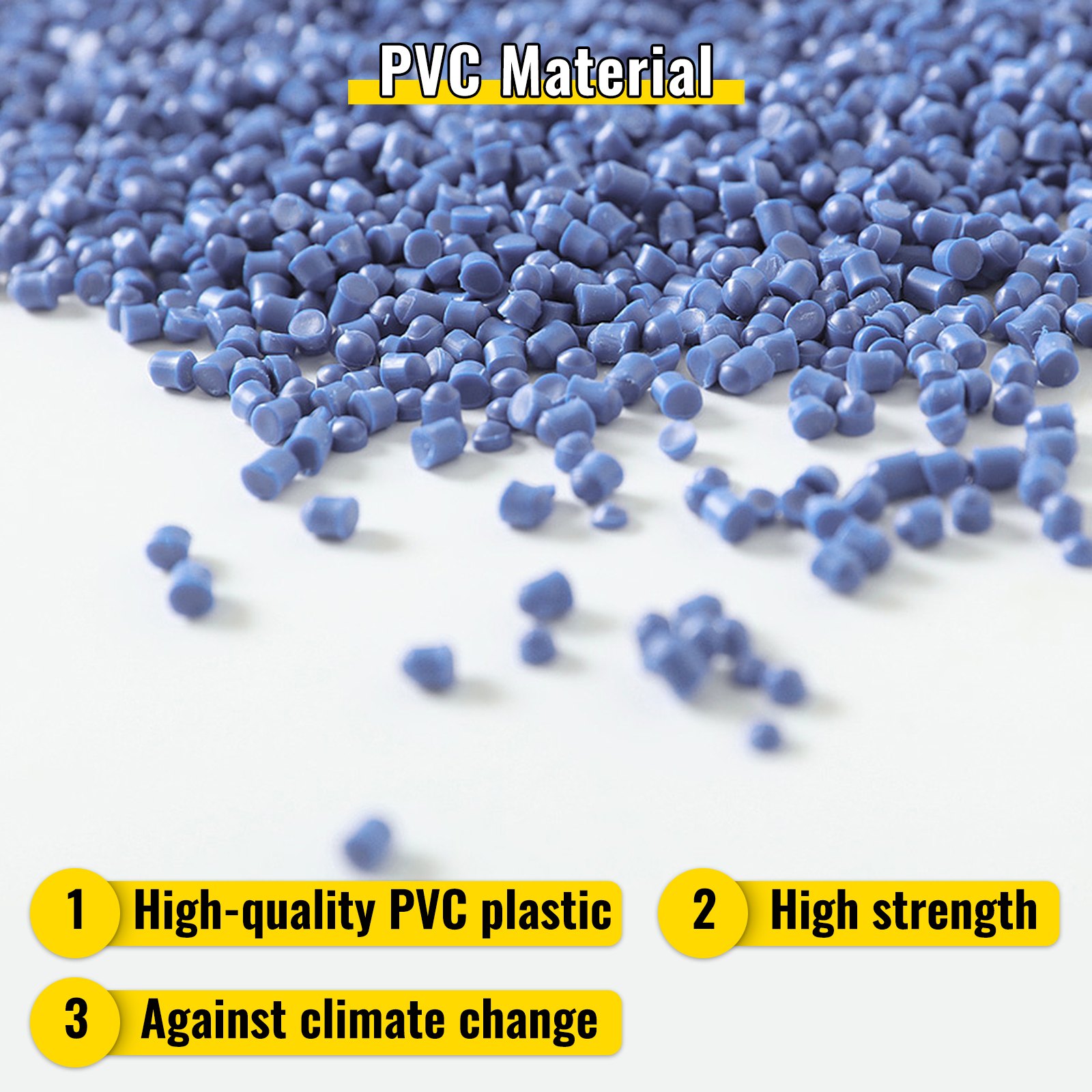 pvc material pellets with text: high-quality pvc plastic, high strength, against climate change.