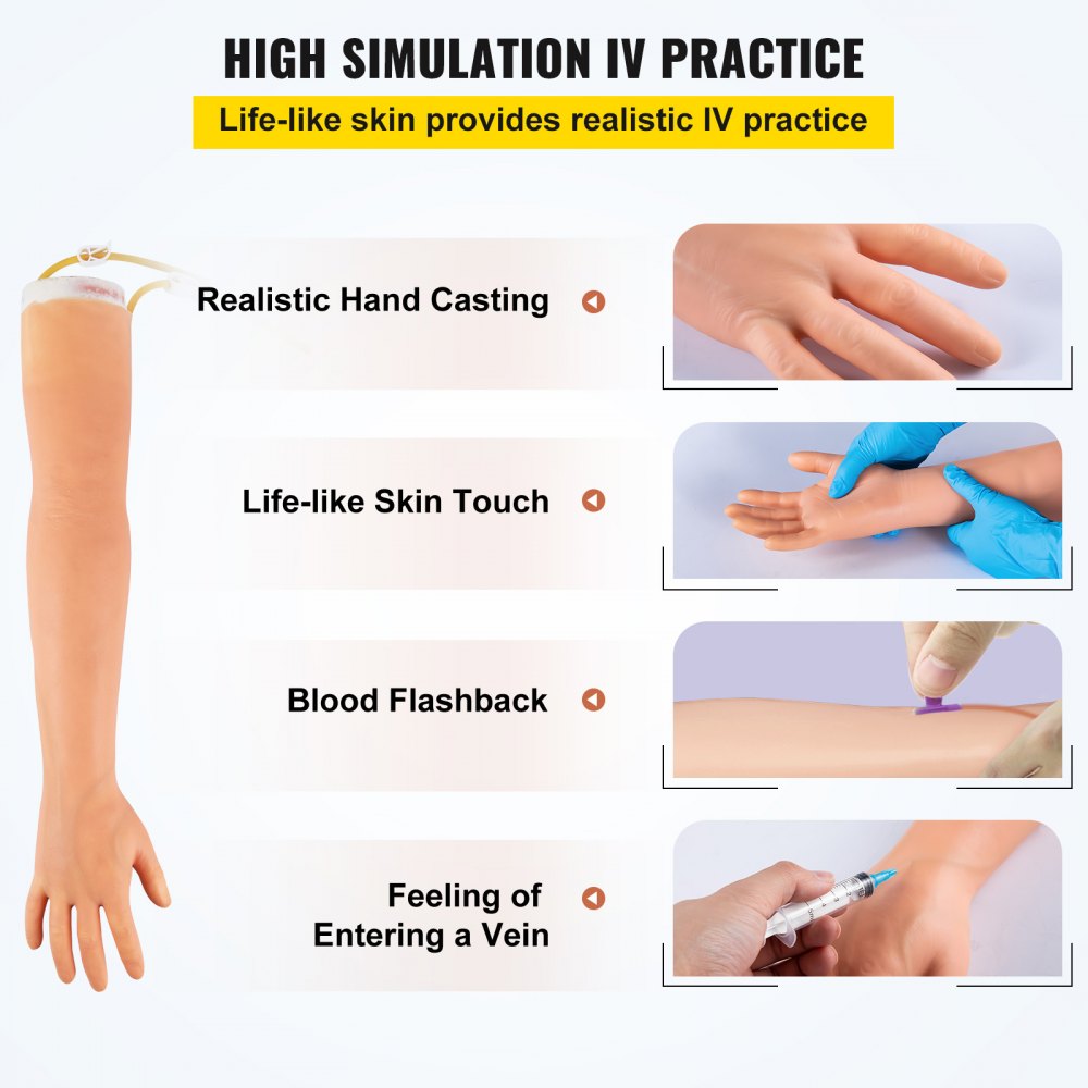 VEVOR phlebotomy practice kit showcasing realistic hand casting, life-like skin touch, blood flashback, and vein entry.