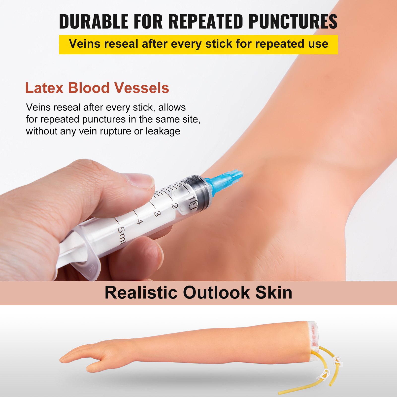 hand using syringe on VEVOR phlebotomy practice kit with durable latex veins and realistic outlook skin.
