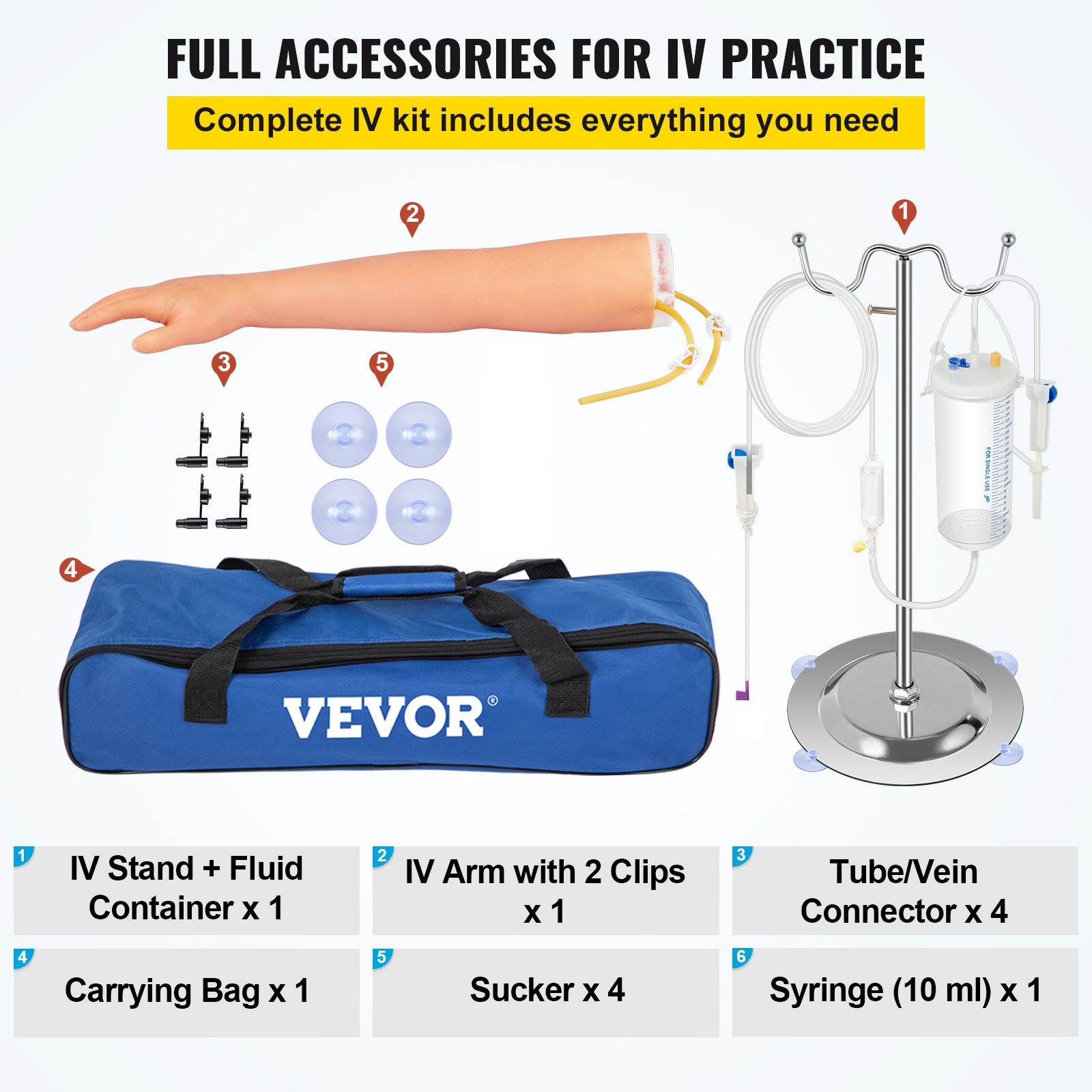iv practice kit with arm, iv stand, fluid container, vein connectors, syringe, VEVOR carrying bag for phlebotomy.