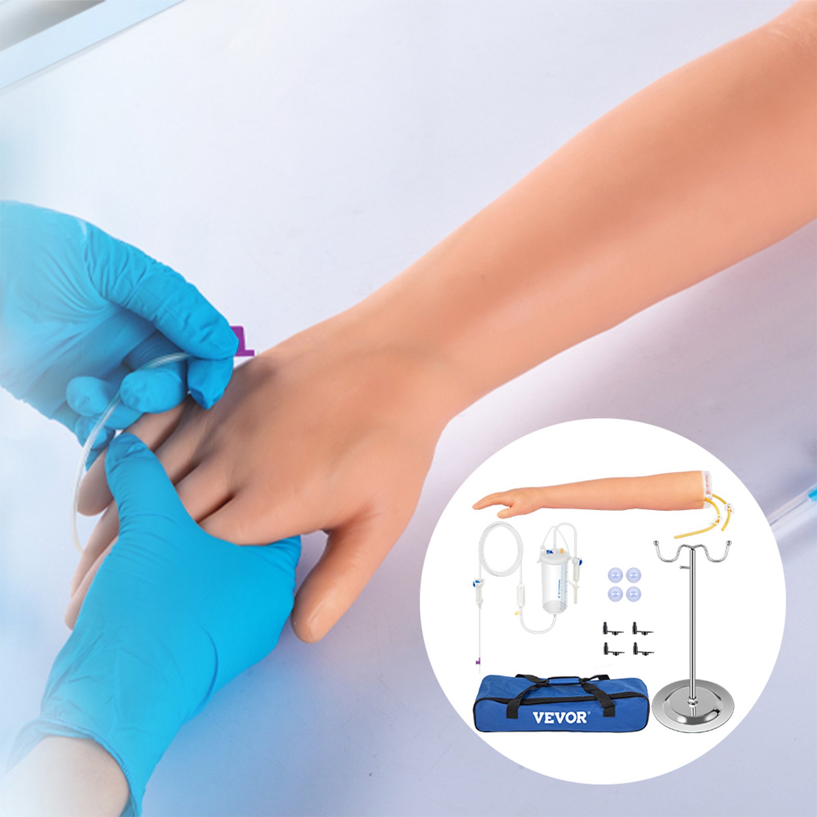 phlebotomist using VEVOR phlebotomy practice kit with included practice arm, iv stand, and accessories.
