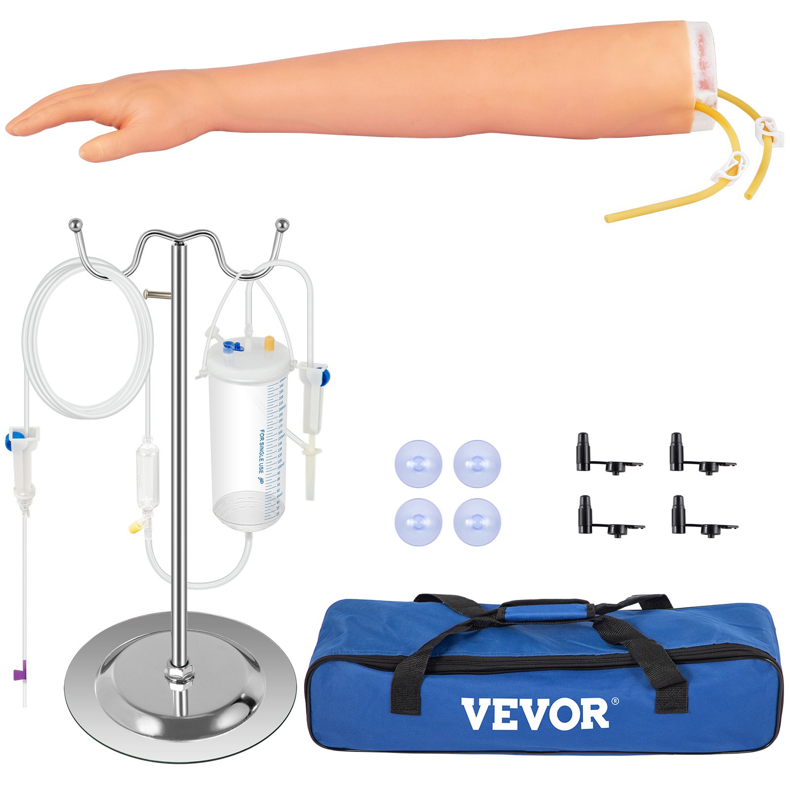 VEVOR phlebotomy practice kit with iv arm, iv stand, syringe, accessories, and blue carrying case.