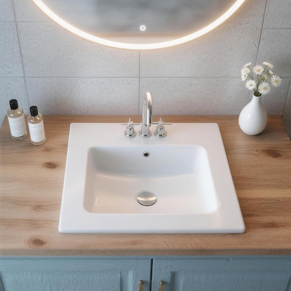 VEVOR Semi Recessed Bathroom Sink, 20.08 x 18.31 Inch Rectangular White Ceramic Vessel Sink with Overflow and 3 Faucet Holes, Drop in Modern Lavatory Vanity Bath Wash Bowl Basin Rectangle Small Space