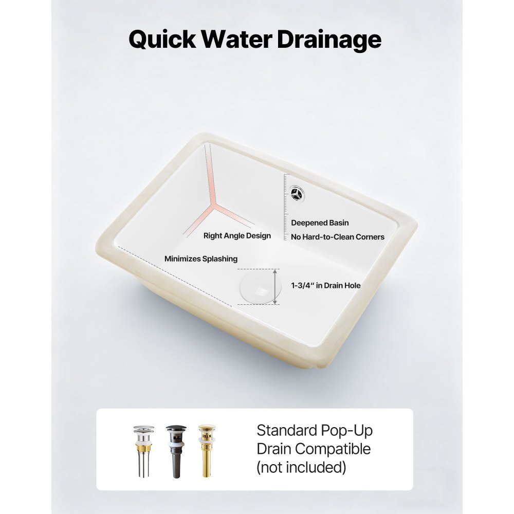 VEVOR Undermontert baderomsvask, 400 x 305 mm rektangulær hvit keramisk vask med overløpshull, nedfellbar under benk, moderne toalettservant, rektangulær for liten plass