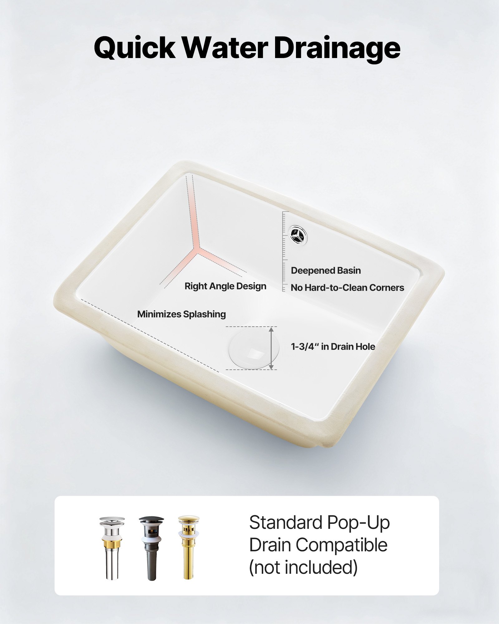 VEVOR Undermontert baderomsvask, 400 x 305 mm rektangulær hvit keramisk vask med overløpshull, nedfellbar under benk, moderne toalettservant, rektangulær for liten plass