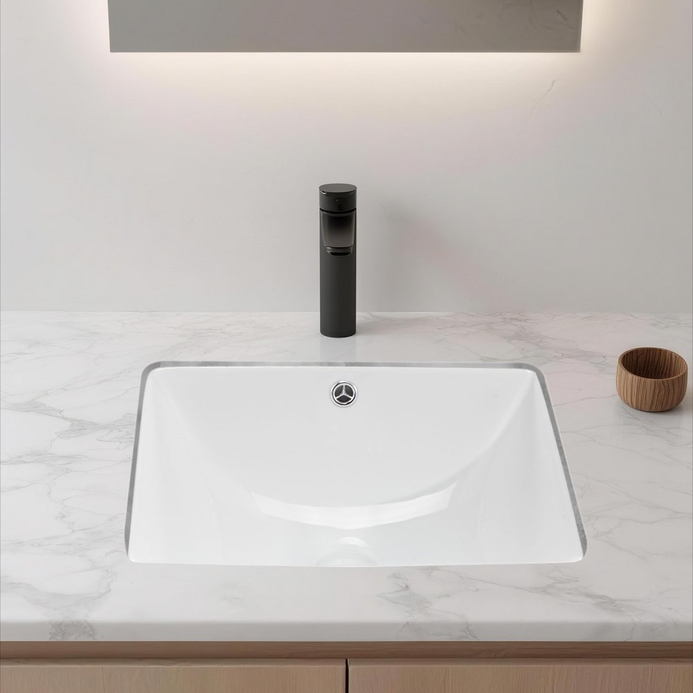 VEVOR Undermount Bathroom Sink, 18.11 x 12.99 Inch Rectangular White Ceramic Vessel Sink with Overflow Hole, Under Counter Drop in Modern Lavatory Vanity Bath Wash Bowl Basin, Rectangle Small Space