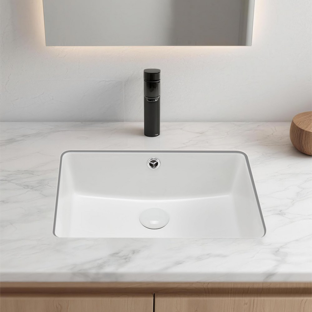 VEVOR Undermount Bathroom Sink, 470 x 335 mm Rectangular White Ceramic Vessel Sink with Overflow Hole, Under Counter Drop in Modern Lavatory Vanity Bath Wash Bowl Basin, Rectangle for Small Space