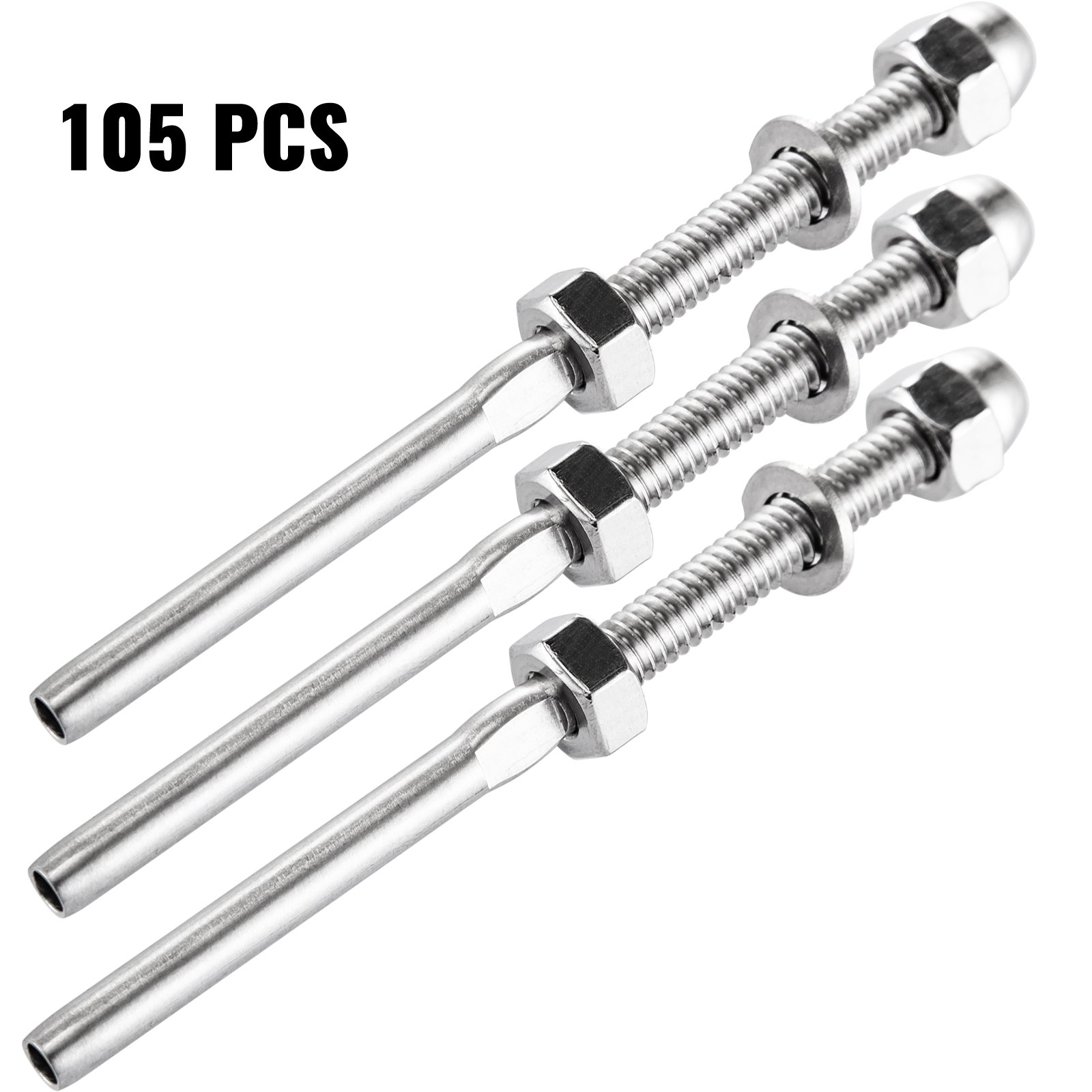 VEVOR 104 Pack 3/16 pulgadas Acero inoxidable SS316 Juego de cable de terminal de ajuste de extremo de tensión de pasador roscado manual para barandilla de escalera de madera y poste de metal, plateado