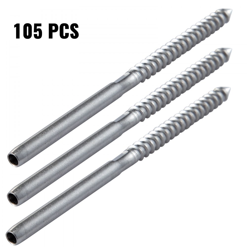 VEVOR 104 Pack Stainless Steel SS316 Hand Swage Threaded Stud Tension End Fitting for 3/16 Inch Terminal Cable Kit for Stair Deck Railing Wood and Metal Post, Silver