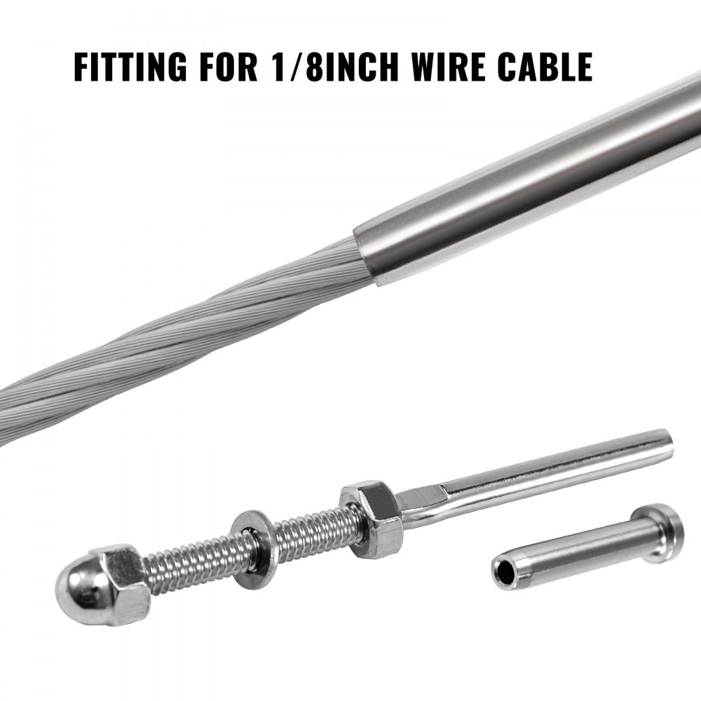 VEVOR 12 Packs Cable Railing Kit, T316 Stainless Steel Swage Threaded Stud, Fitting 1/8'' Stainless Steel Cable Railing System, Terminal Tensioner for Stair Deck Railing, Wood and Metal Post