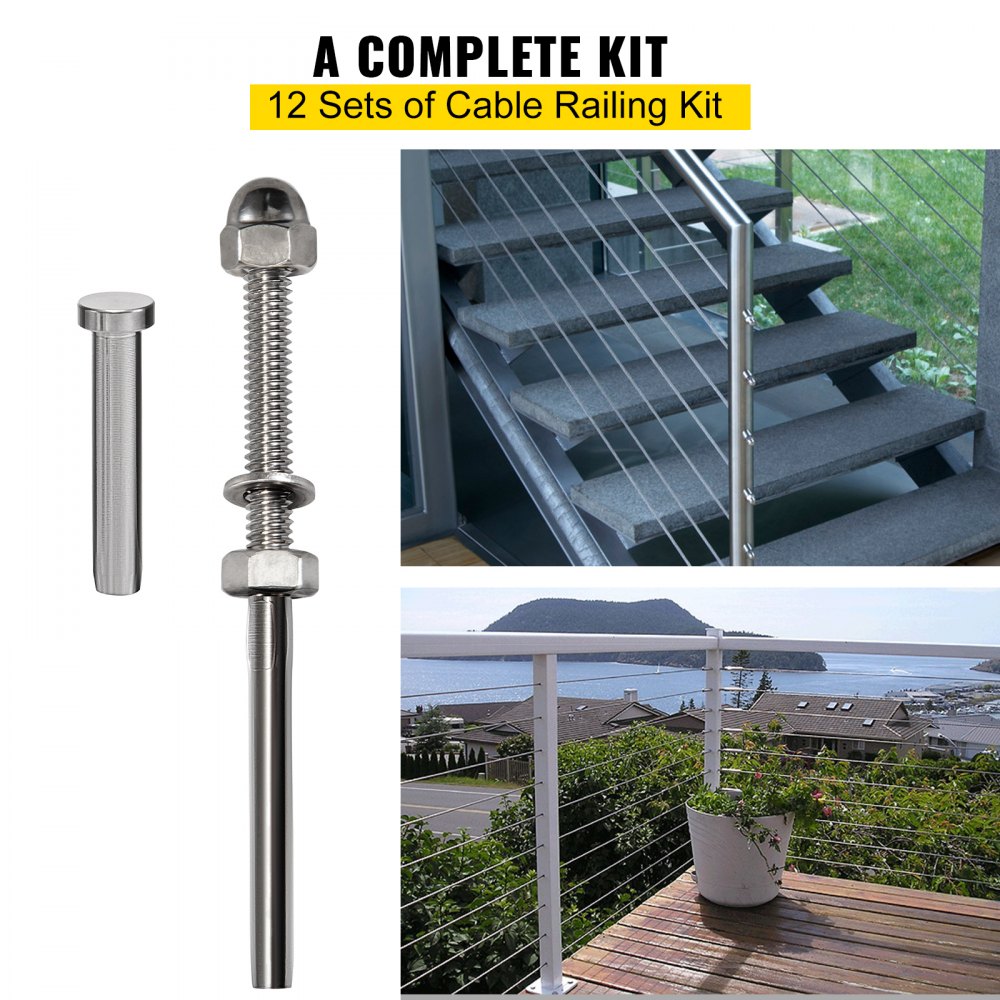 VEVOR 12 Packs Cable Railing Kit, T316 Stainless Steel Swage Threaded Stud, Fitting 1/8'' Stainless Steel Cable Railing System, Terminal Tensioner for Stair Deck Railing, Wood and Metal Post
