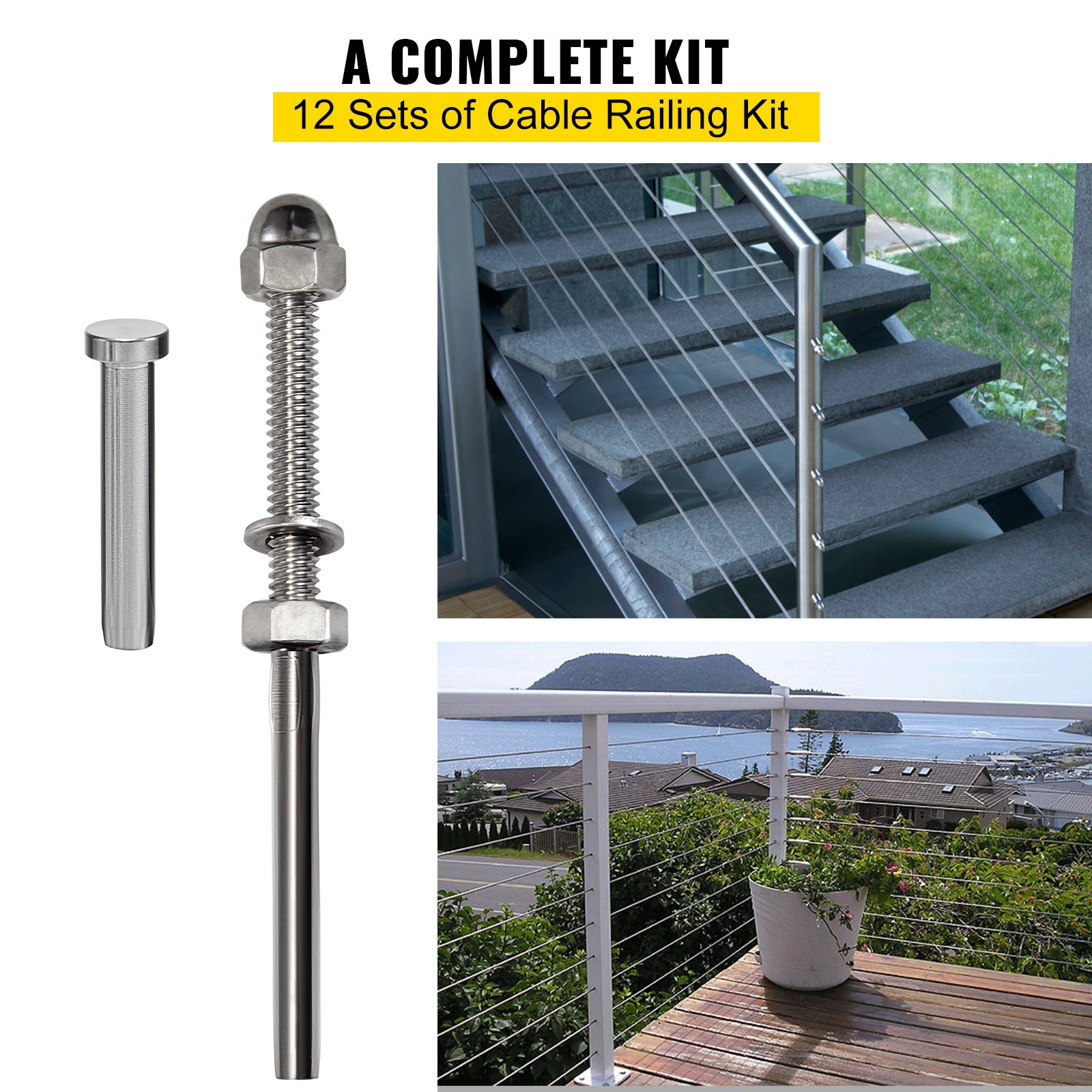 VEVOR 12 Packs Cable Railing Kit, T316 Stainless Steel Swage Threaded Stud, Fitting 1/8'' Stainless Steel Cable Railing System, Terminal Tensioner for Stair Deck Railing, Wood and Metal Post