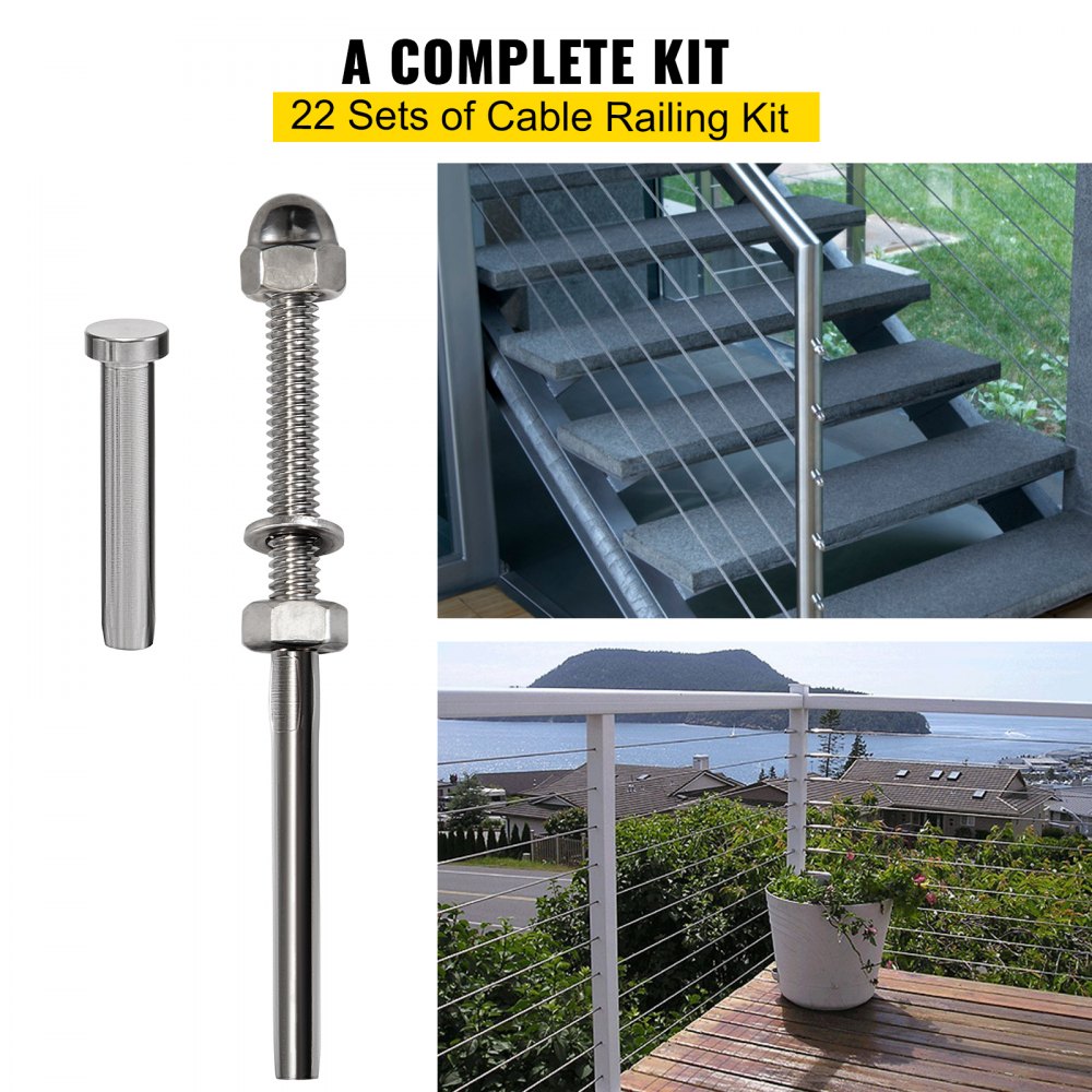 VEVOR 22 Packs Cable Railing Kit, T316 Stainless Steel Swage Threaded Stud, Fitting 1/8'' Stainless Steel Cable Railing System, Terminal Tensioner for Stair Deck Railing, Wood and Metal Post