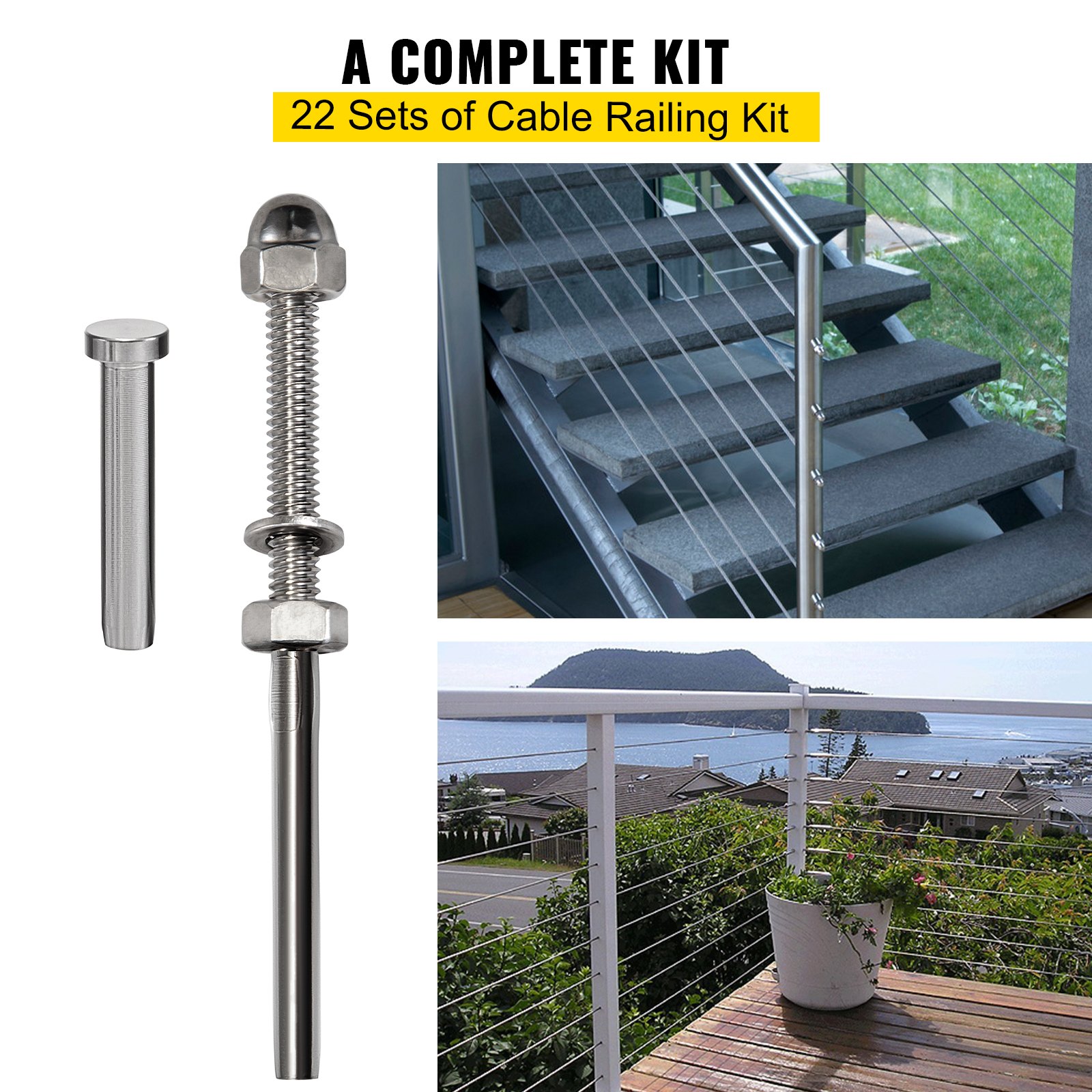 VEVOR 22 Packs Cable Railing Kit, T316 Stainless Steel Swage Threaded Stud, Fitting 1/8'' Stainless Steel Cable Railing System, Terminal Tensioner for Stair Deck Railing, Wood and Metal Post