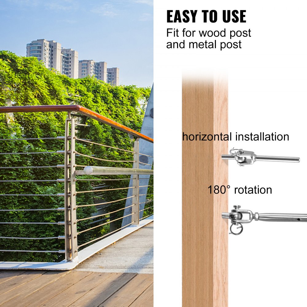 VEVOR Cable Railing Kit, 32 Packs T316 Stainless Steel Jaw Swage Turnbuckle, Fitting 1/8'' Cable Railing System, Fork Jaw End Fitting for Stair Deck Railing, 180° Adjustable Railing Hardware