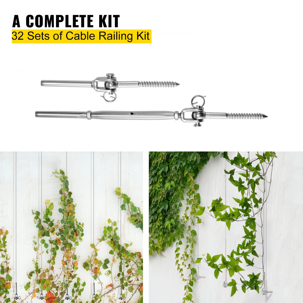 VEVOR Cable Railing Kit, 32 Packs T316 Stainless Steel Jaw Swage Turnbuckle, Fitting 1/8'' Cable Railing System, Fork Jaw End Fitting for Stair Deck Railing, 180° Adjustable Railing Hardware