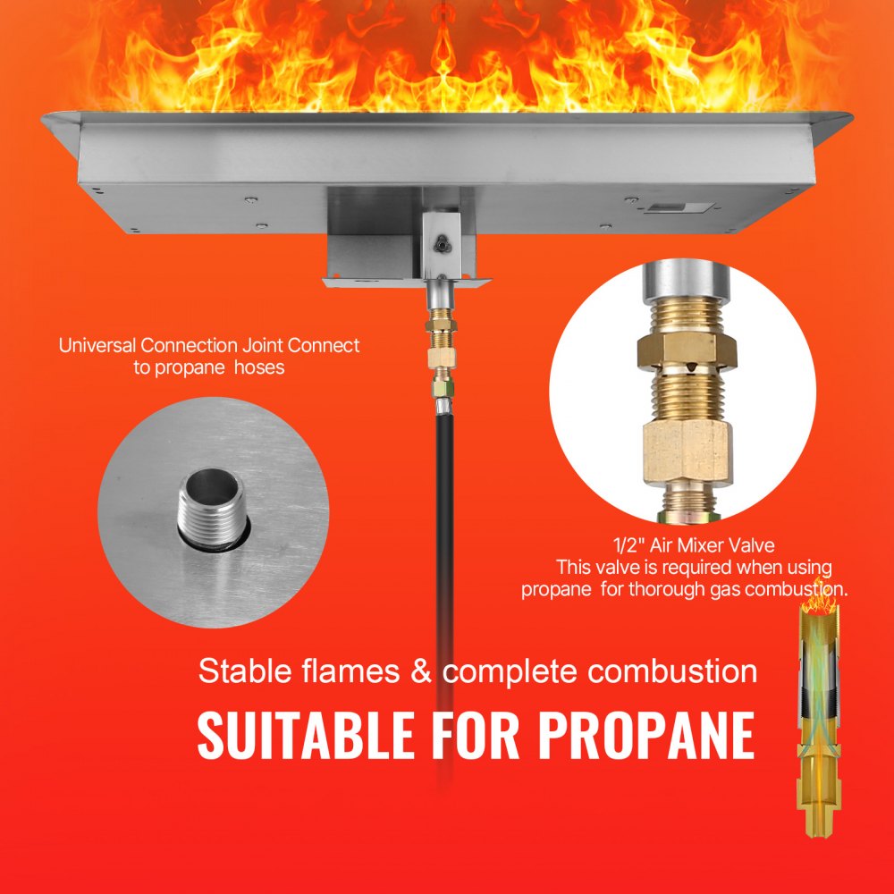 VEVOR 30 x 10 inch Drop-in Fire Pit Pan, Rectangular Stainless Steel Fire Pit Burner Kit, Propane Fire Pan 125,000 BTU with H-Burner for Indoor or Outdoor Use