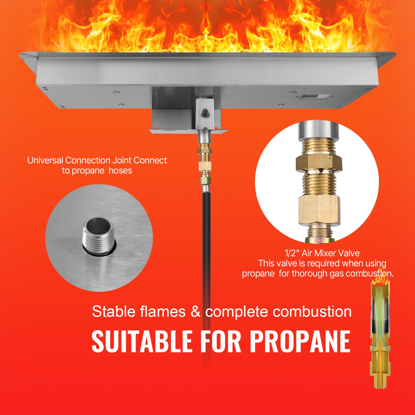 VEVOR 30 x 10 inch Drop-in Fire Pit Pan, Rectangular Stainless Steel Fire Pit Burner Kit, Propane Fire Pan 125,000 BTU with H-Burner for Indoor or Outdoor Use
