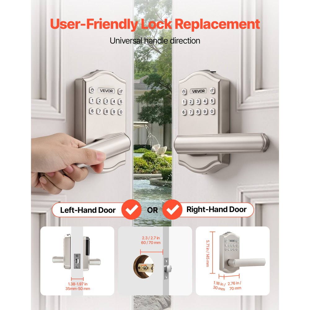 VEVOR Keyless Entry Door Lock with Handle, Electronic Lever Door Handle with Keypad, Customizable User Codes, Keyed Entry, Auto Lock, Anti-Peeking Password, Backlit Keypad, for Home, Satin Nickel