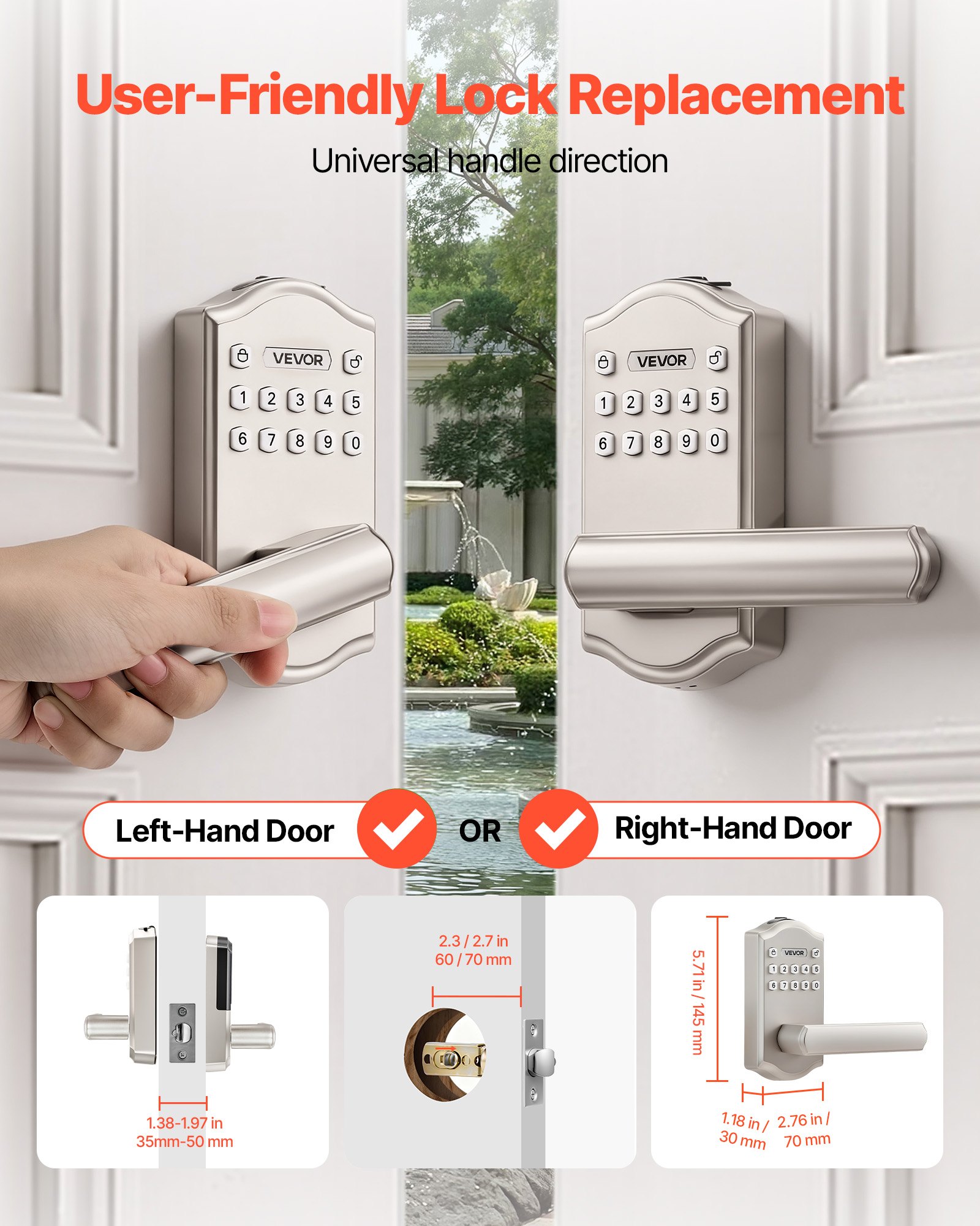 VEVOR Keyless Entry Door Lock with Handle, Electronic Lever Door Handle with Keypad, Customizable User Codes, Keyed Entry, Auto Lock, Anti-Peeking Password, Backlit Keypad, for Home, Satin Nickel