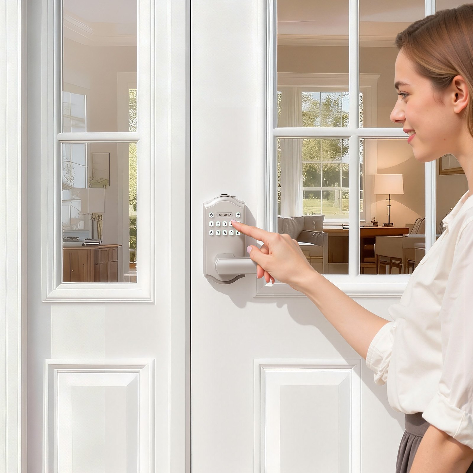 VEVOR Keyless Entry Door Lock with Handle, Electronic Lever Door Handle with Keypad, Customizable User Codes, Keyed Entry, Auto Lock, Anti-Peeking Password, Backlit Keypad, for Home, Satin Nickel