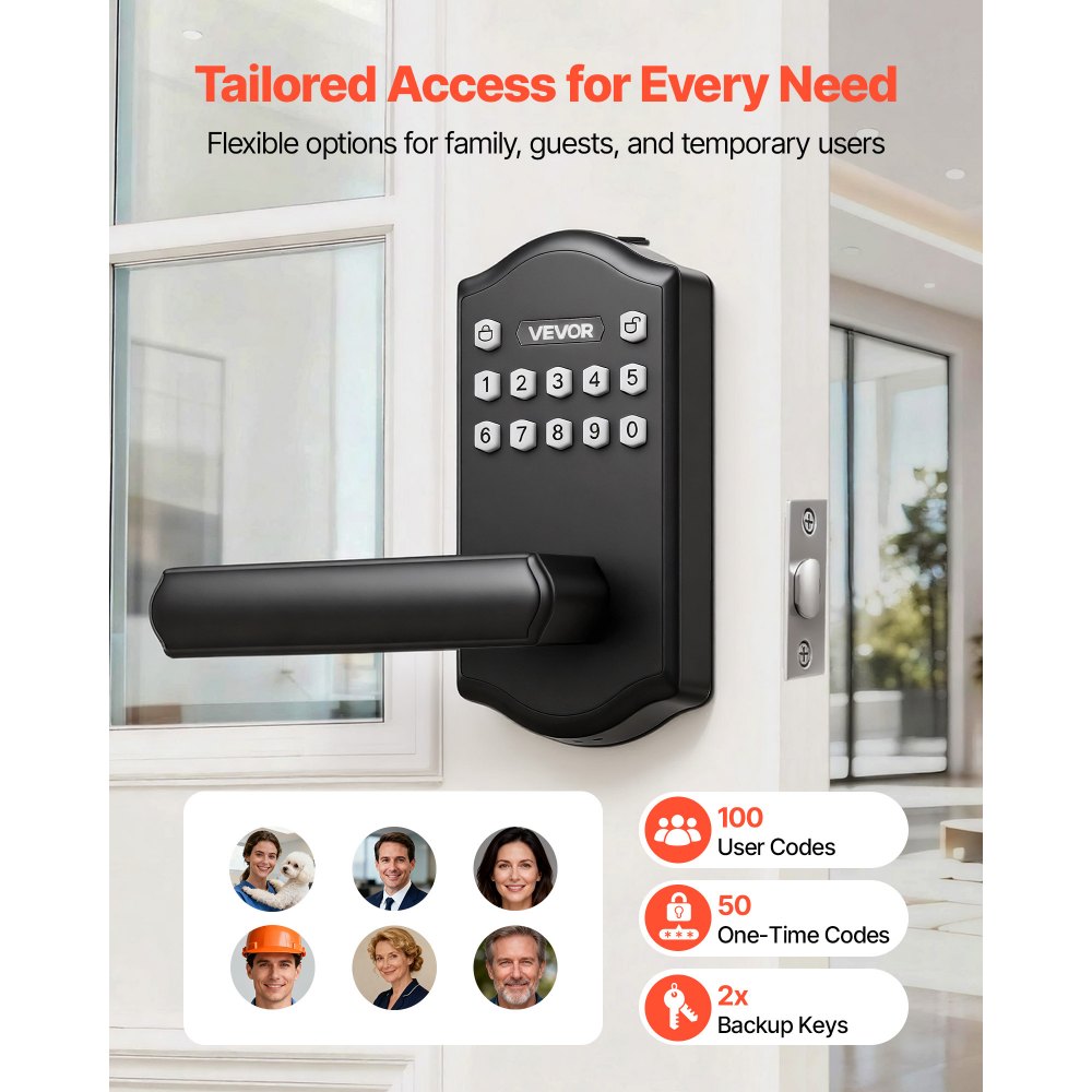 VEVOR Keyless Entry Door Lock with Handle, Electronic Lever Door Handle with Keypad, Customizable User Codes, Keyed Entry, Auto Lock, Anti-Peeking Password, Backlit Keypad, for Home, Matte Black