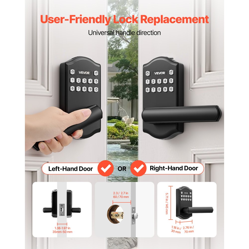 VEVOR Keyless Entry Door Lock with Handle, Electronic Lever Door Handle with Keypad, Customizable User Codes, Keyed Entry, Auto Lock, Anti-Peeking Password, Backlit Keypad, for Home, Matte Black